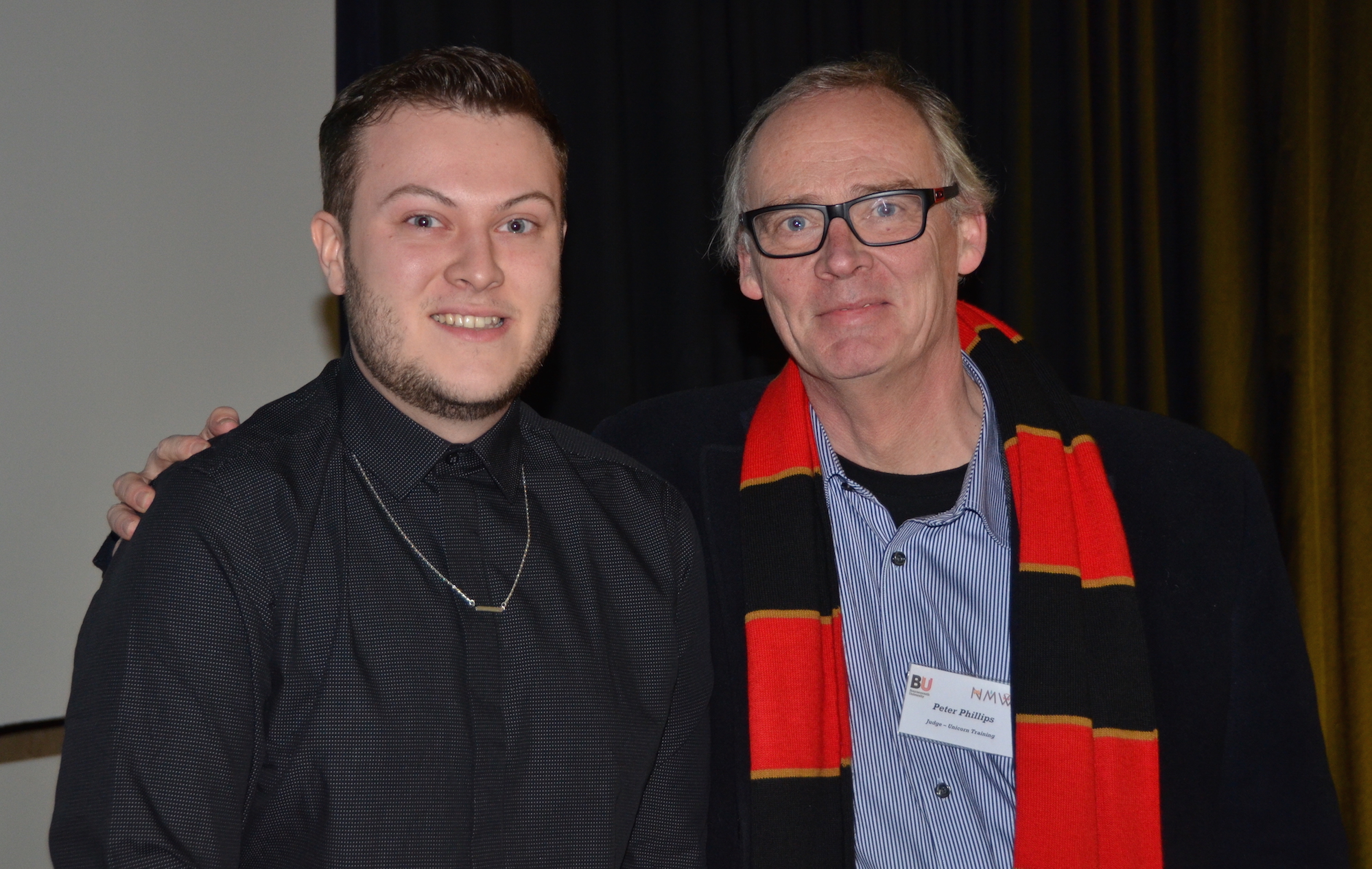 New Media Writing Prize winner Shaun Hickman with Unicorn CEO Peter Phillips